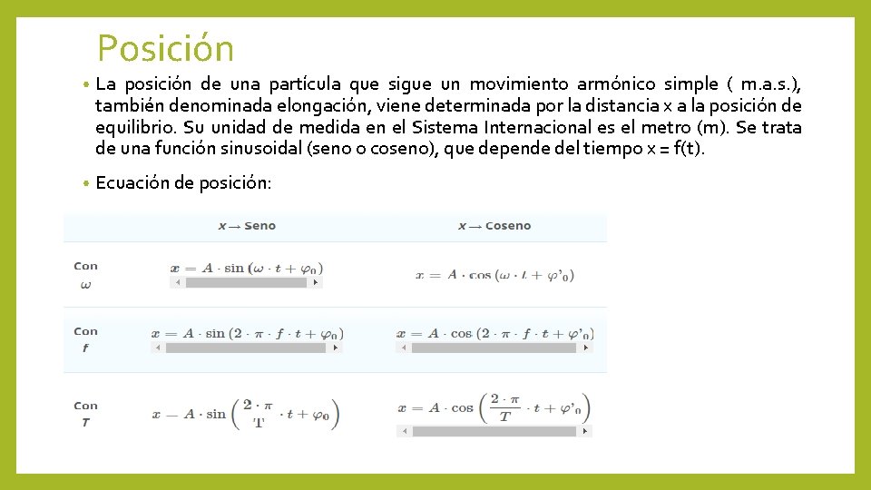 Posición • La posición de una partícula que sigue un movimiento armónico simple (