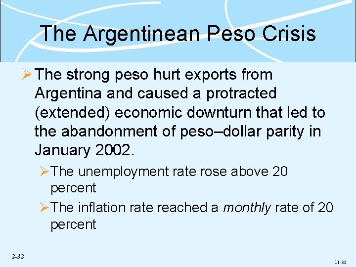 The Argentinean Peso Crisis Ø The strong peso hurt exports from Argentina and caused