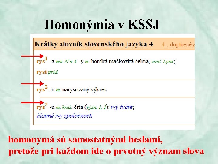 Homonýmia v KSSJ homonymá sú samostatnými heslami, pretože pri každom ide o prvotný význam