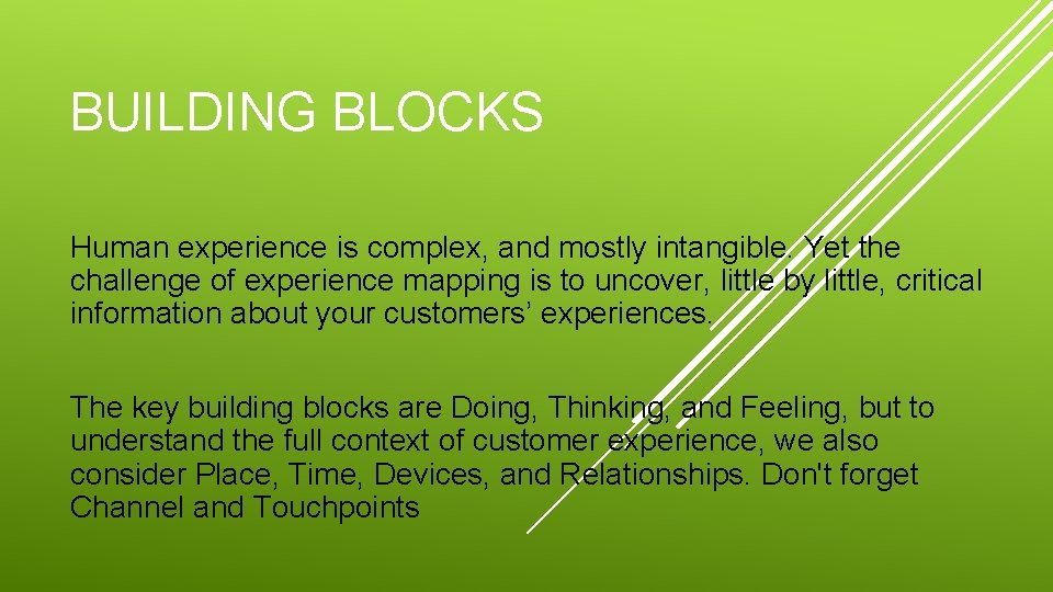 BUILDING BLOCKS Human experience is complex, and mostly intangible. Yet the challenge of experience