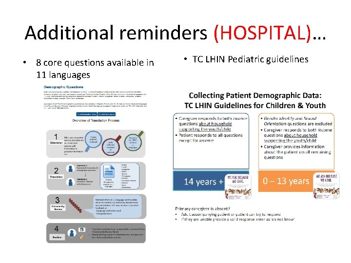 Additional reminders (HOSPITAL)… • 8 core questions available in 11 languages • TC LHIN