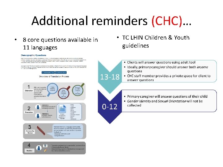 Additional reminders (CHC)… • 8 core questions available in 11 languages • TC LHIN