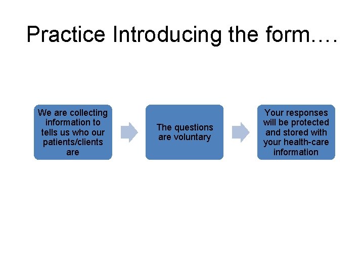 Practice Introducing the form…. We are collecting information to tells us who our patients/clients