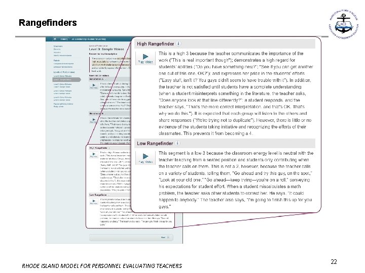 Rangefinders RHODE ISLAND MODEL FOR PERSONNEL EVALUATING TEACHERS 22 