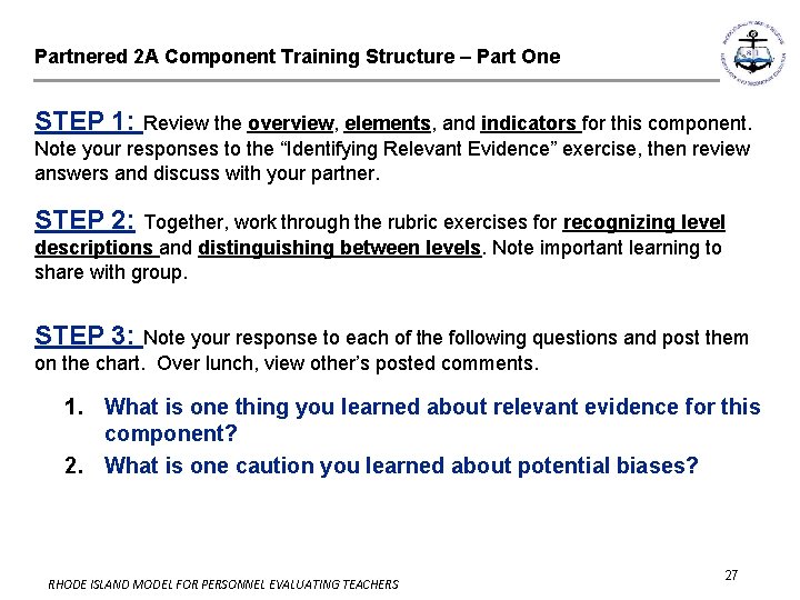 Partnered 2 A Component Training Structure – Part One STEP 1: Review the overview,