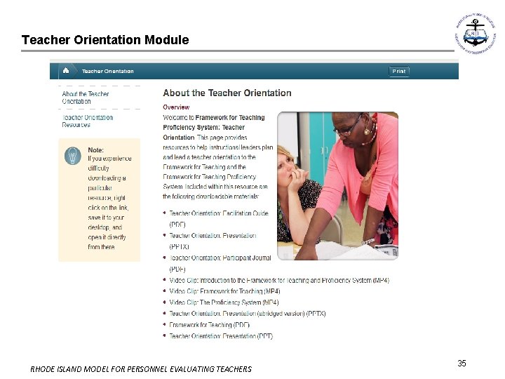 Teacher Orientation Module RHODE ISLAND MODEL FOR PERSONNEL EVALUATING TEACHERS 35 