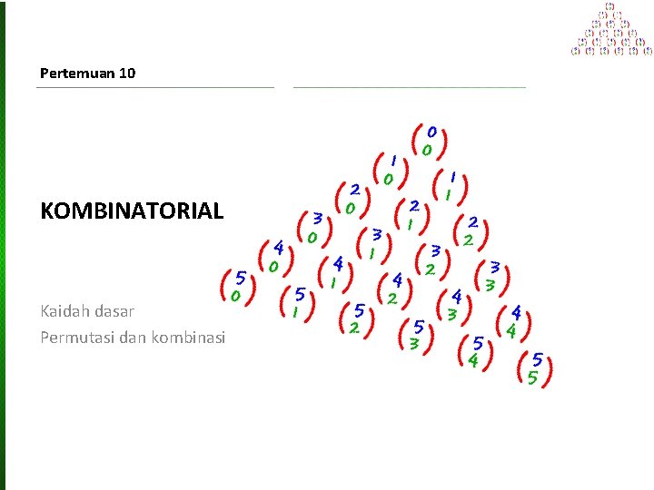 Pertemuan 10 KOMBINATORIAL Kaidah dasar Permutasi dan kombinasi 