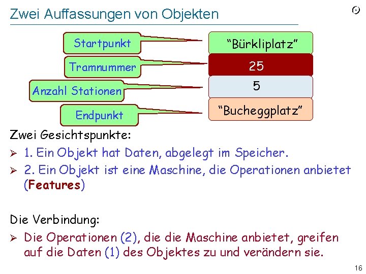 Zwei Auffassungen von Objekten Startpunkt Tramnummer Anzahl Stationen Endpunkt “Bürkliplatz” 25 5 “Bucheggplatz” Zwei