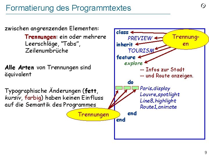 Formatierung des Programmtextes zwischen angrenzenden Elementen: Trennungen: ein oder mehrere Leerschläge, “Tabs”, Zeilenumbrüche Alle