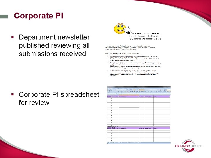 Corporate PI § Department newsletter published reviewing all submissions received § Corporate PI spreadsheet