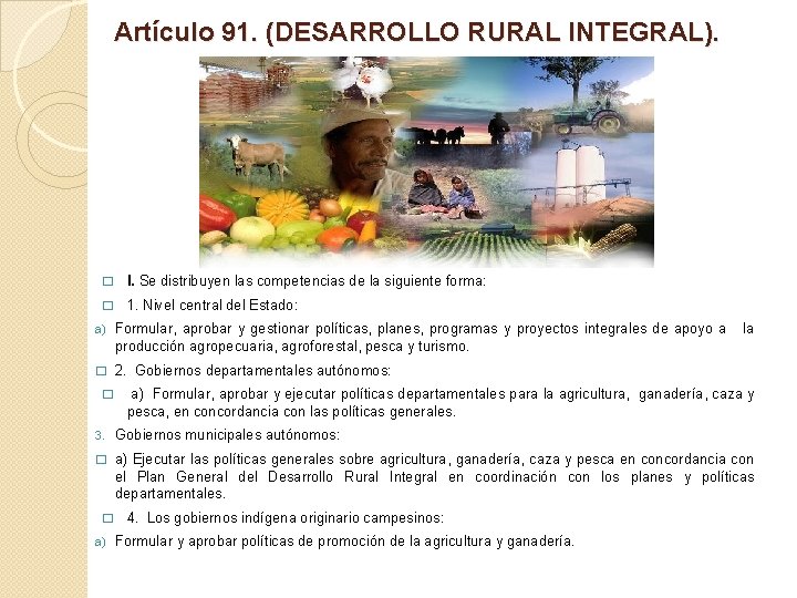 Artículo 91. (DESARROLLO RURAL INTEGRAL). � I. Se distribuyen las competencias de la siguiente