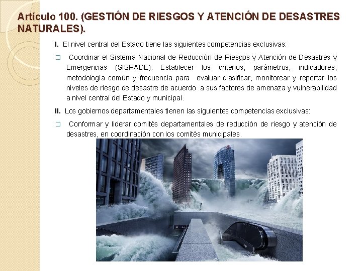 Artículo 100. (GESTIÓN DE RIESGOS Y ATENCIÓN DE DESASTRES NATURALES). I. El nivel central