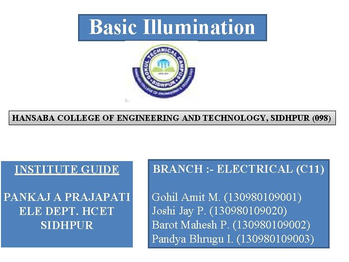 Basic Illumination HANSABA COLLEGE OF ENGINEERING AND TECHNOLOGY, SIDHPUR (098) INSTITUTE GUIDE PANKAJ A