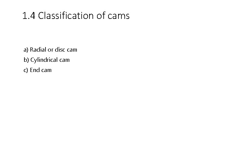 1. 4 Classification of cams a) Radial or disc cam b) Cylindrical cam c)