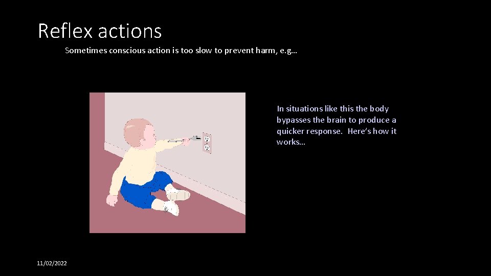 Reflex actions Sometimes conscious action is too slow to prevent harm, e. g… In