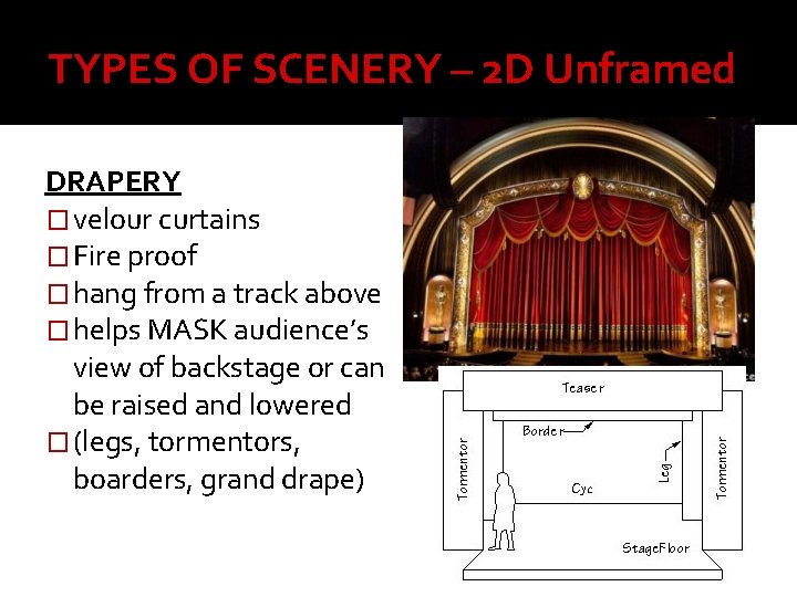 TYPES OF SCENERY – 2 D Unframed DRAPERY � velour curtains � Fire proof