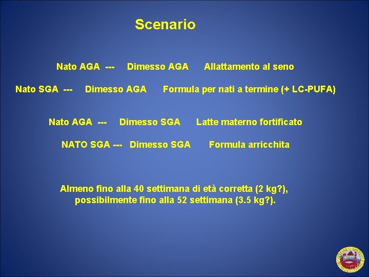 Scenario Nato AGA --Nato SGA --- Dimesso AGA Nato AGA --- Allattamento al seno
