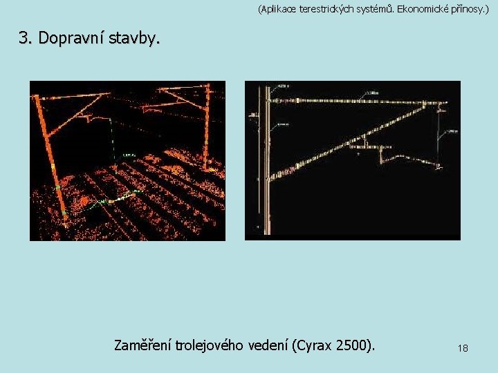 (Aplikace terestrických systémů. Ekonomické přínosy. ) 3. Dopravní stavby. Zaměření trolejového vedení (Cyrax 2500).