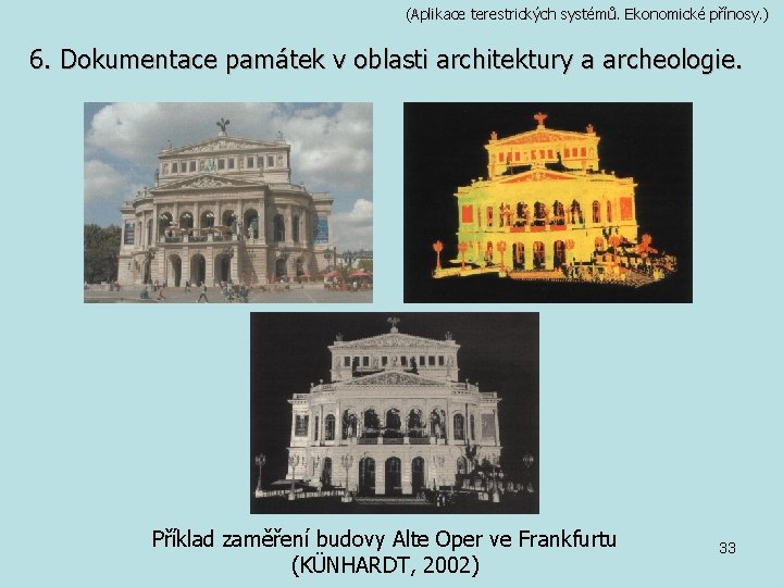 (Aplikace terestrických systémů. Ekonomické přínosy. ) 6. Dokumentace památek v oblasti architektury a archeologie.