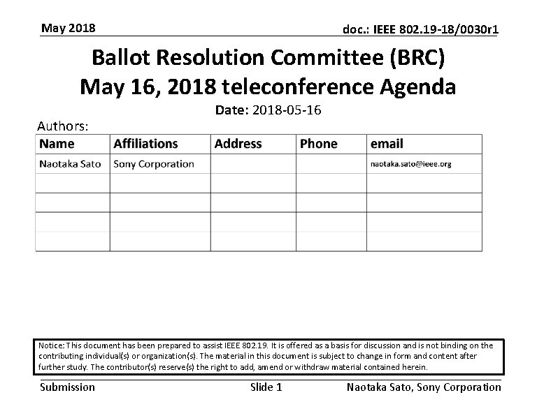 May 2018 doc. : IEEE 802. 19 -18/0030 r 1 Ballot Resolution Committee (BRC)