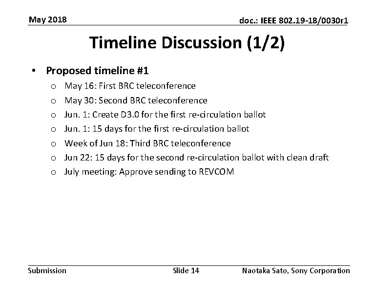 May 2018 doc. : IEEE 802. 19 -18/0030 r 1 Timeline Discussion (1/2) •