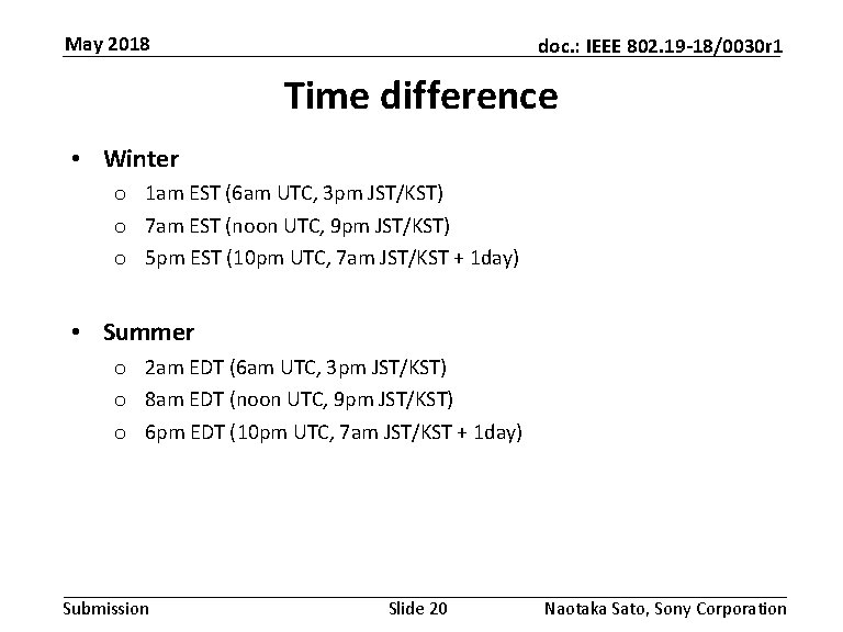 May 2018 doc. : IEEE 802. 19 -18/0030 r 1 Time difference • Winter