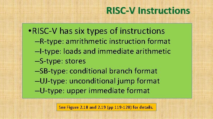 RISC-V Instructions • RISC-V has six types of instructions –R-type: amrithmetic instruction format –I-type: