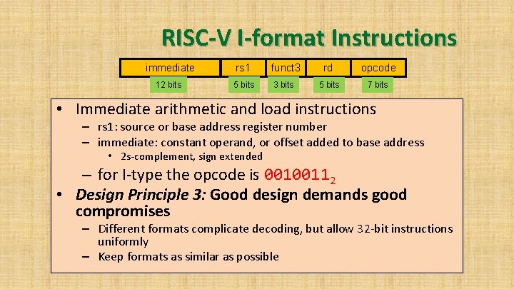 RISC-V I-format Instructions immediate rs 1 funct 3 rd opcode 12 bits 5 bits