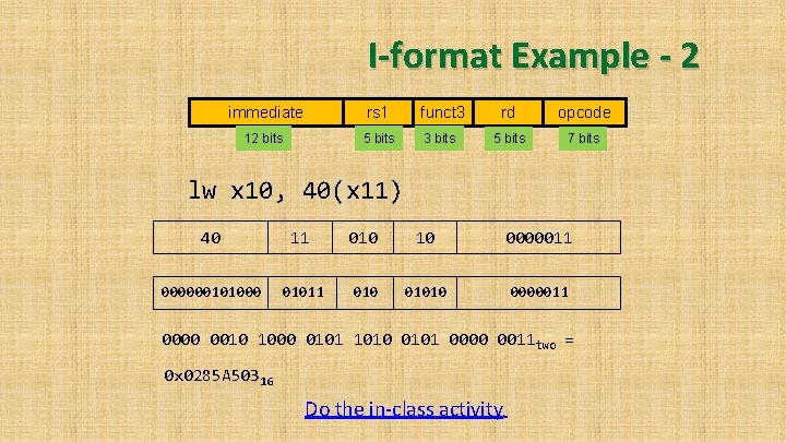 I-format Example - 2 immediate rs 1 funct 3 rd opcode 12 bits 5