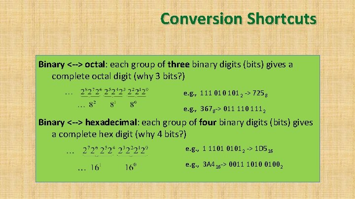 Conversion Shortcuts Binary <--> octal: each group of three binary digits (bits) gives a