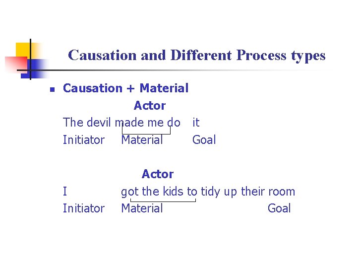 Causation and Different Process types n Causation + Material Actor The devil made me