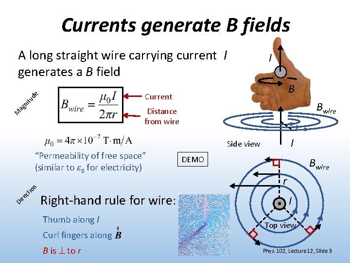 Currents generate B fields A long straight wire carrying current I generates a B