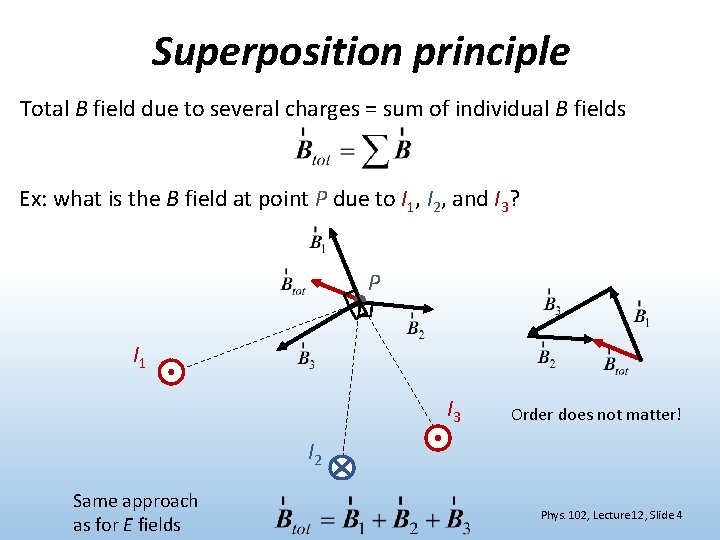 Superposition principle Total B field due to several charges = sum of individual B