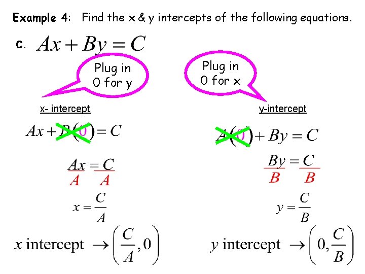 Example 4: Find the x & y intercepts of the following equations. C. Plug