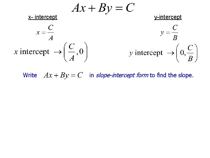 x- intercept Write y-intercept in slope-intercept form to find the slope. 