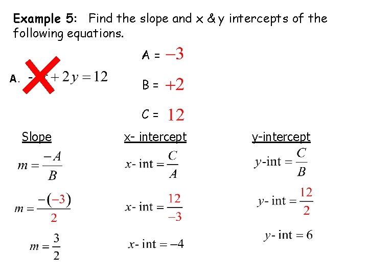 Example 5: Find the slope and x & y intercepts of the following equations.