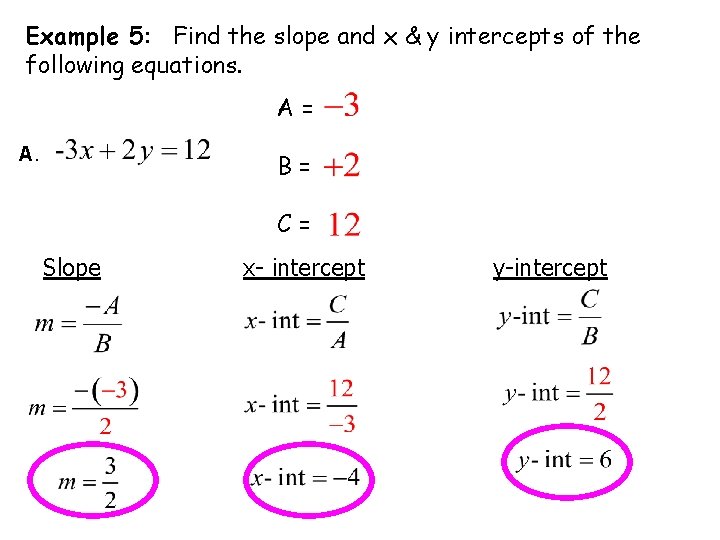 Example 5: Find the slope and x & y intercepts of the following equations.