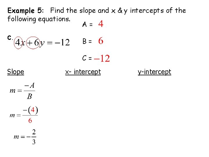 Example 5: Find the slope and x & y intercepts of the following equations.