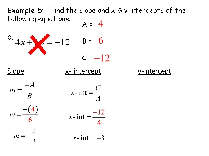 Example 5: Find the slope and x & y intercepts of the following equations.