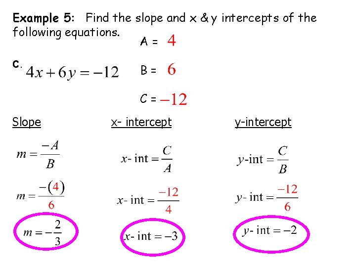 Example 5: Find the slope and x & y intercepts of the following equations.