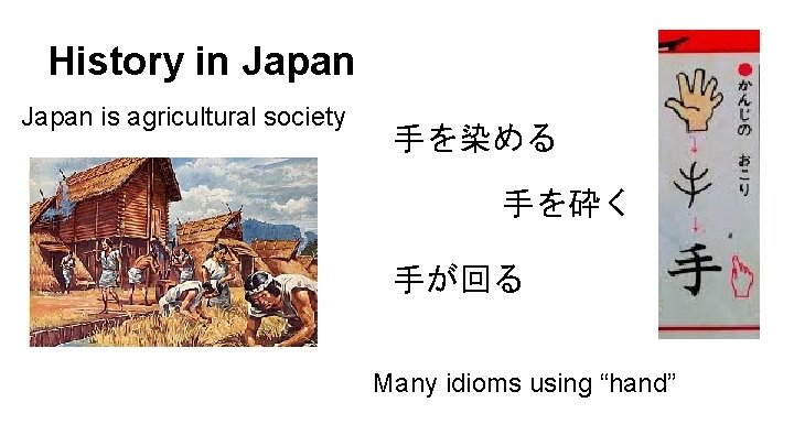 History in Japan is agricultural society 手を染める 手を砕く 手が回る Many idioms using “hand” 