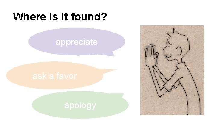 Where is it found? appreciate ask a favor apology 