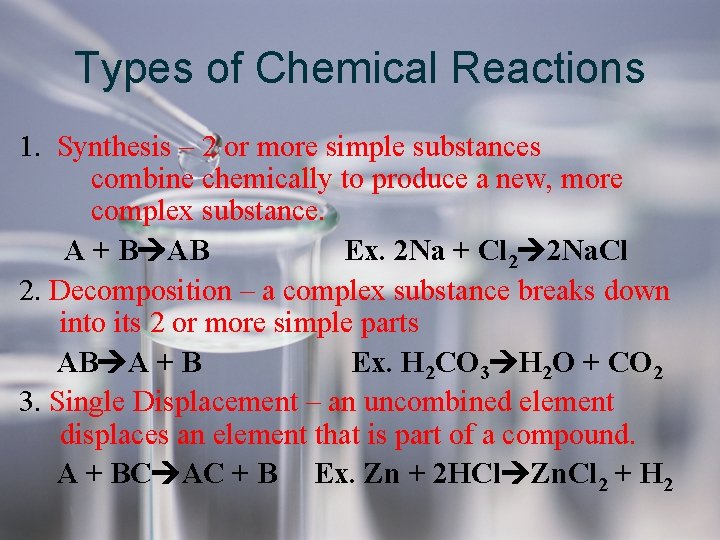 Types of Chemical Reactions 1. Synthesis – 2 or more simple substances combine chemically