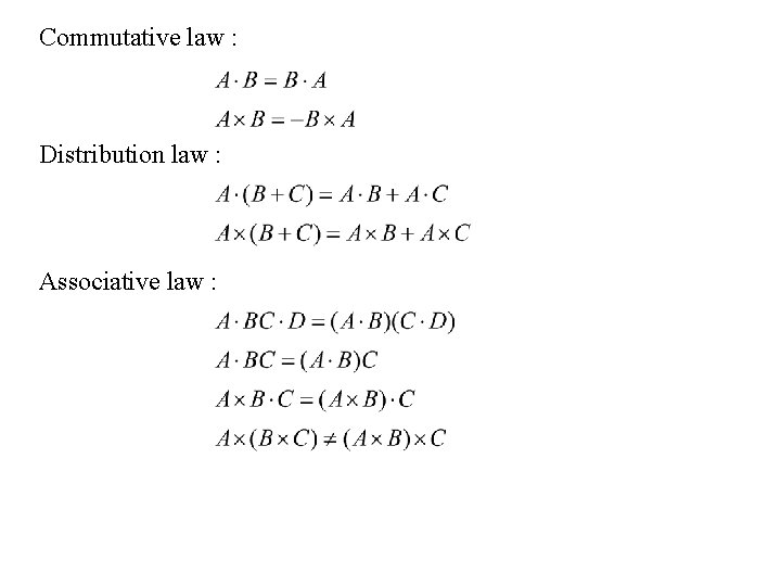 Commutative law : Distribution law : Associative law : 