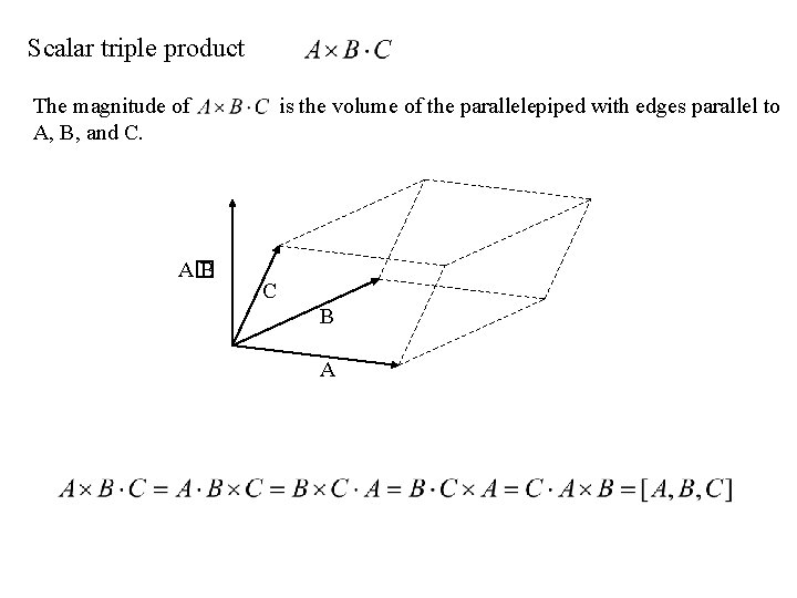 Scalar triple product The magnitude of A, B, and C. A� B is the