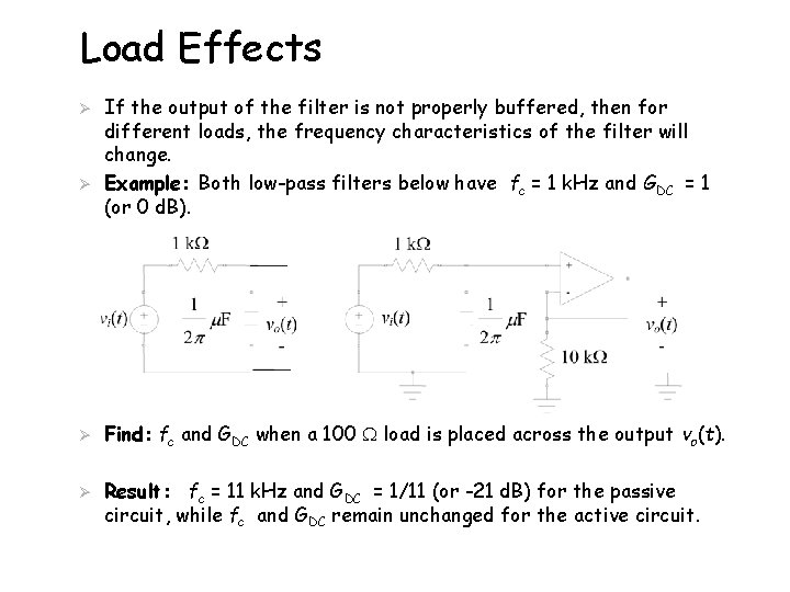 Load Effects Ø Ø If the output of the filter is not properly buffered,