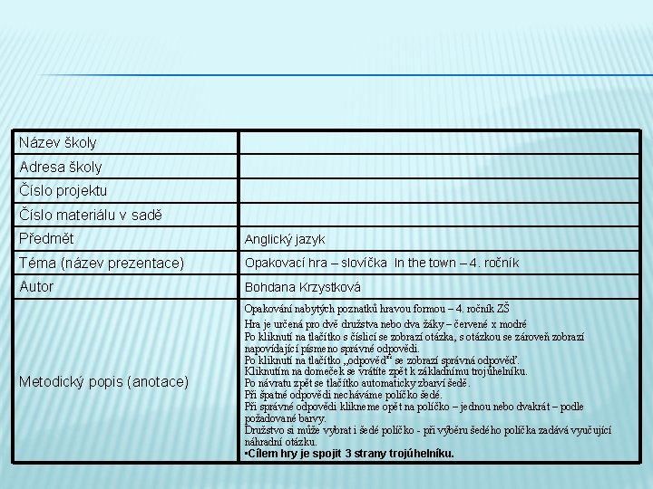 Název školy Adresa školy Číslo projektu Číslo materiálu v sadě Předmět Anglický jazyk Téma