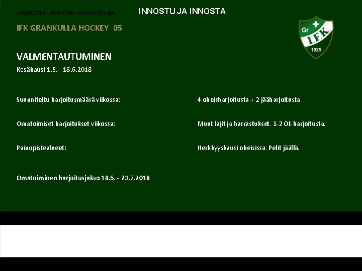 JOUKKUEEN TARKEMPI SUUNNITELMA INNOSTU JA INNOSTA IFK GRANKULLA HOCKEY 05 VALMENTAUTUMINEN Kesäkausi 1. 5.