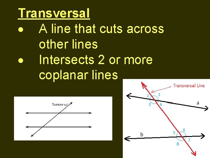 Transversal A line that cuts across other lines Intersects 2 or more coplanar lines