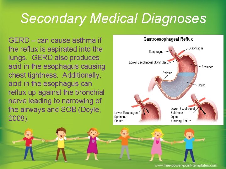 Secondary Medical Diagnoses GERD – can cause asthma if the reflux is aspirated into